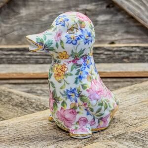 1980 Vintage Nantucket Chintz Porcelain Duck Figurine w/ Gold Accents, 3.5”H